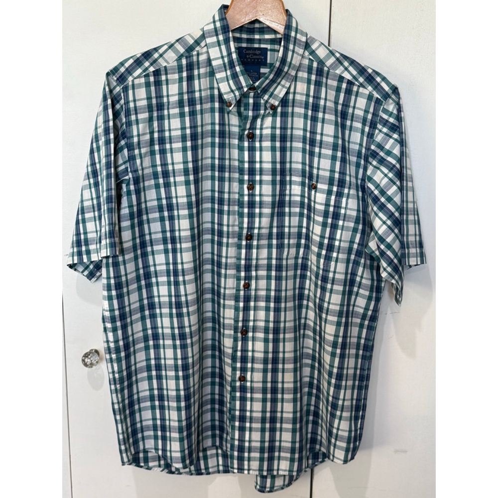 Men's Cambridge Classics White Green Blue Plaid Casual Button Down Shirt L
